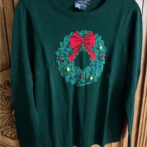 Lands' End Festive Green Sweater with Wreath Design